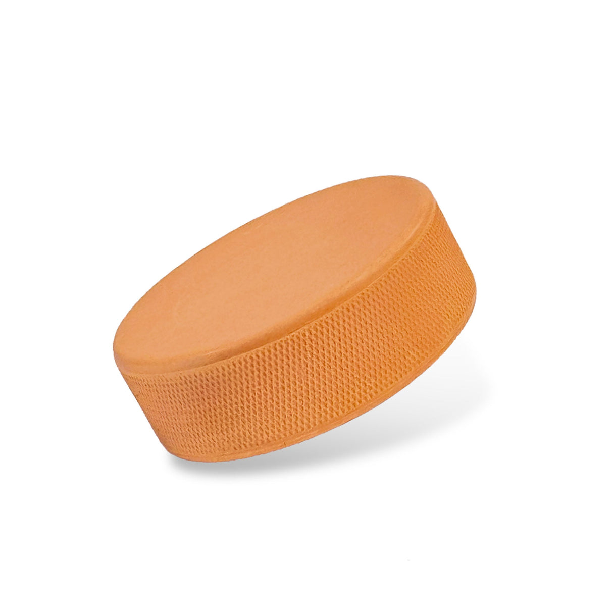 Tung hockeypuck i orange färg, 280 gram, perfekt för skottränings på is och land för alla hockeyspelare.