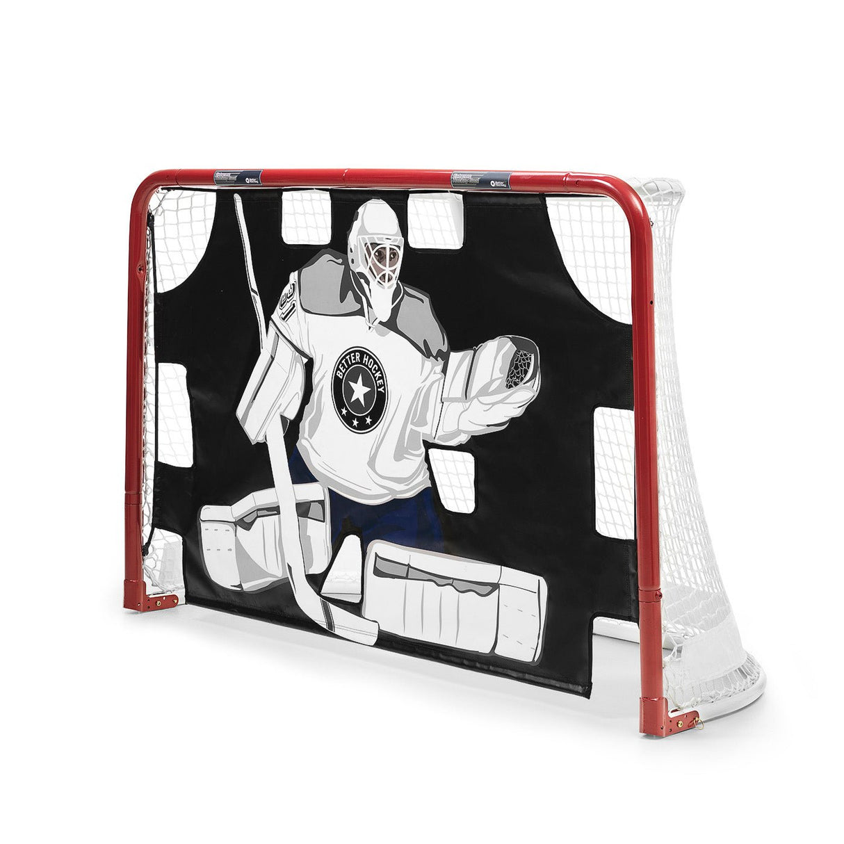 Extreme Better Hockey Pro Goalie nylon tarp displayed on a hockey goal, featuring a goalie graphic and ten target holes for training.