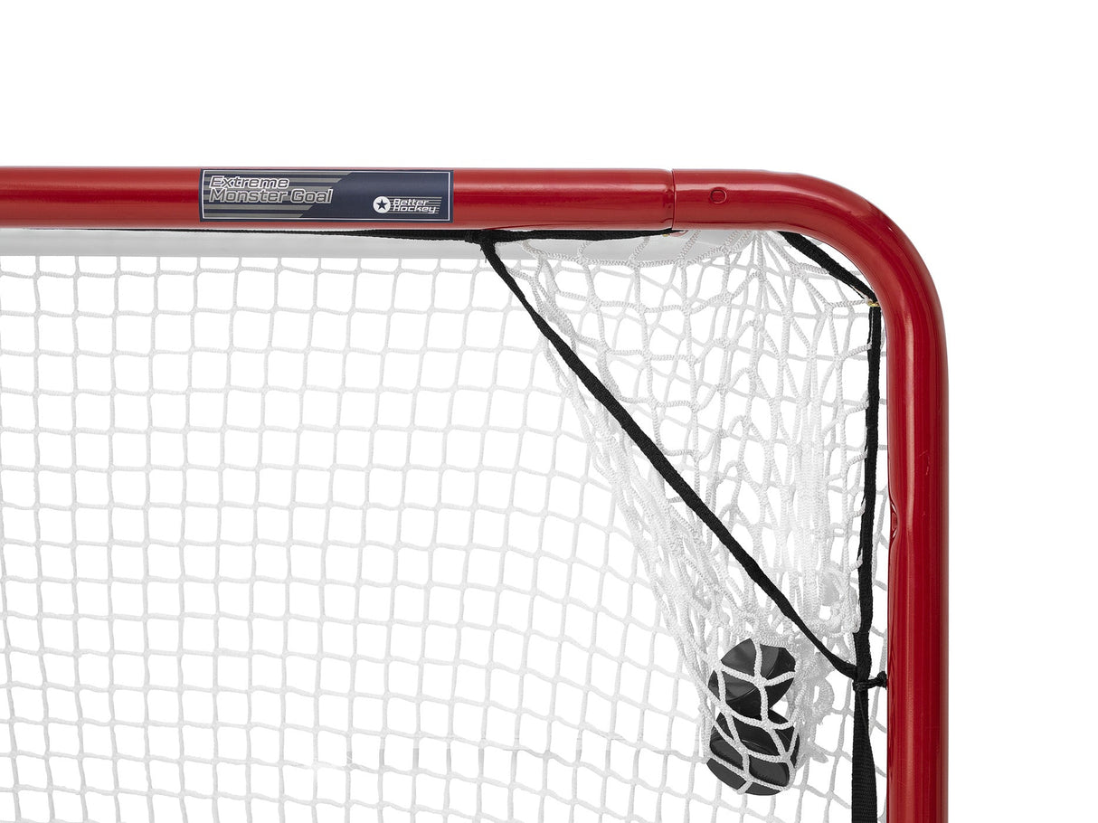 Extreme Hockey Monster backstop detail showing robust construction and high-quality netting for ultimate shooting practice.