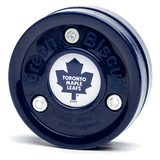 Green Biscuit NHL teknikpuck i blått med Toronto Maple Leafs logotyp, perfekt för träning på hårda ytor.