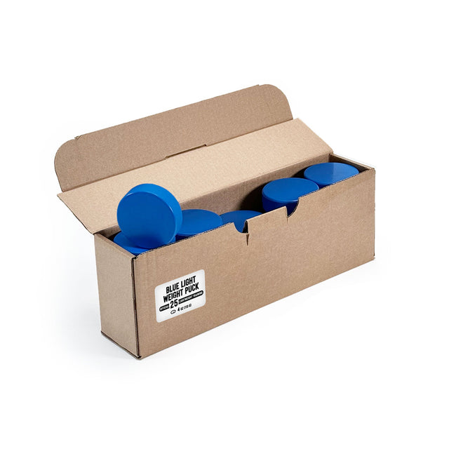 Lättvikt hockeypuck i blå, 25-pack, perfekt för teknikträning och skottstyrka för unga spelare.