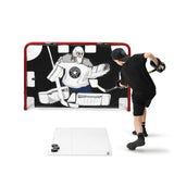 En målvaktsduk för hockey som är fäst på ett mål, med en spelare som skjuter mot den. Målduk med tio mål för träning.