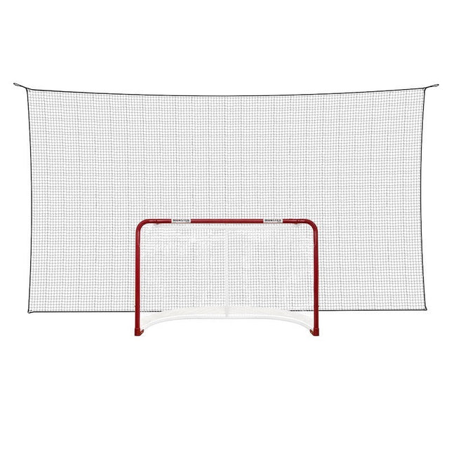 Hockeymål med slitstarkt skyddsnät i nylon, designat för att stå emot kraftiga skott. Mått: 5x2,5 m.
