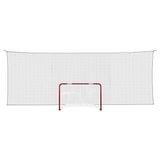 Extreme hockeymåls skyddsnät med röd ram, 7,5x2,6 m, designat för att stå emot kraftiga skott vid träning.