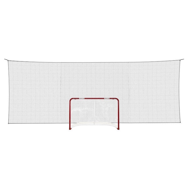 Extreme hockeymåls skyddsnät med röd ram, 7,5x2,6 m, designat för att stå emot kraftiga skott vid träning.