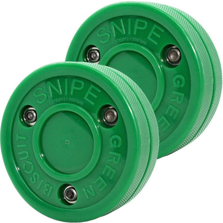 Two Green Biscuit Snipe ice hockey training pucks showcasing reinforced rivets and durable tread for realistic puck feel.